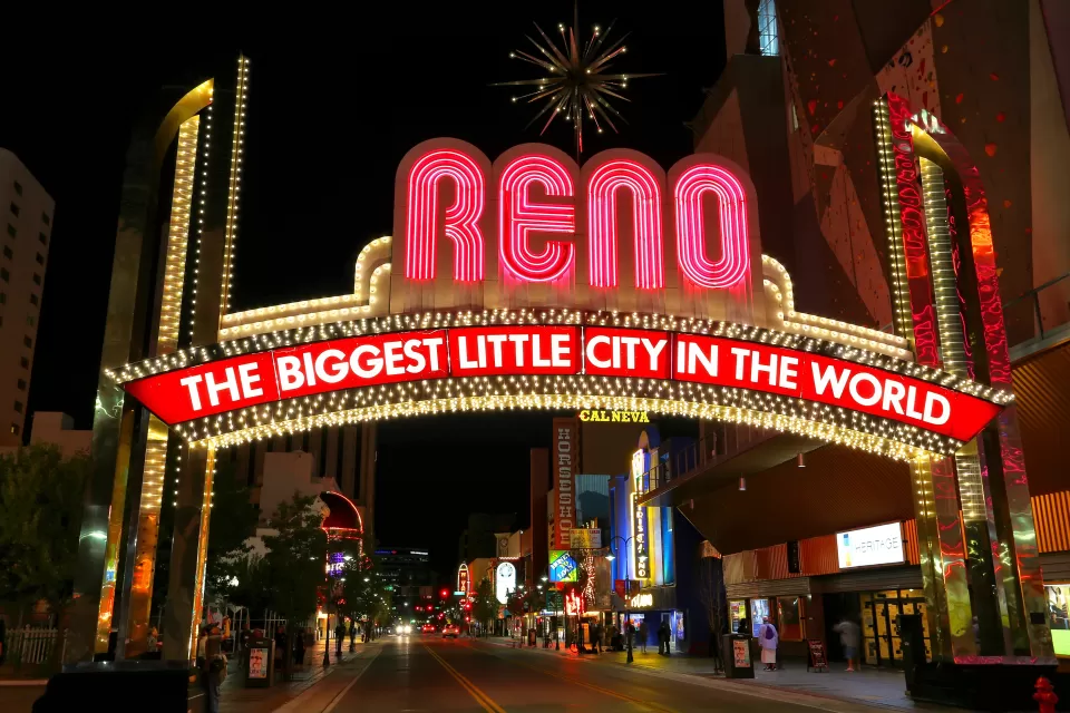 Neon "RENO: Biggest little city in the world" arch sign in downtown Reno, Nevada